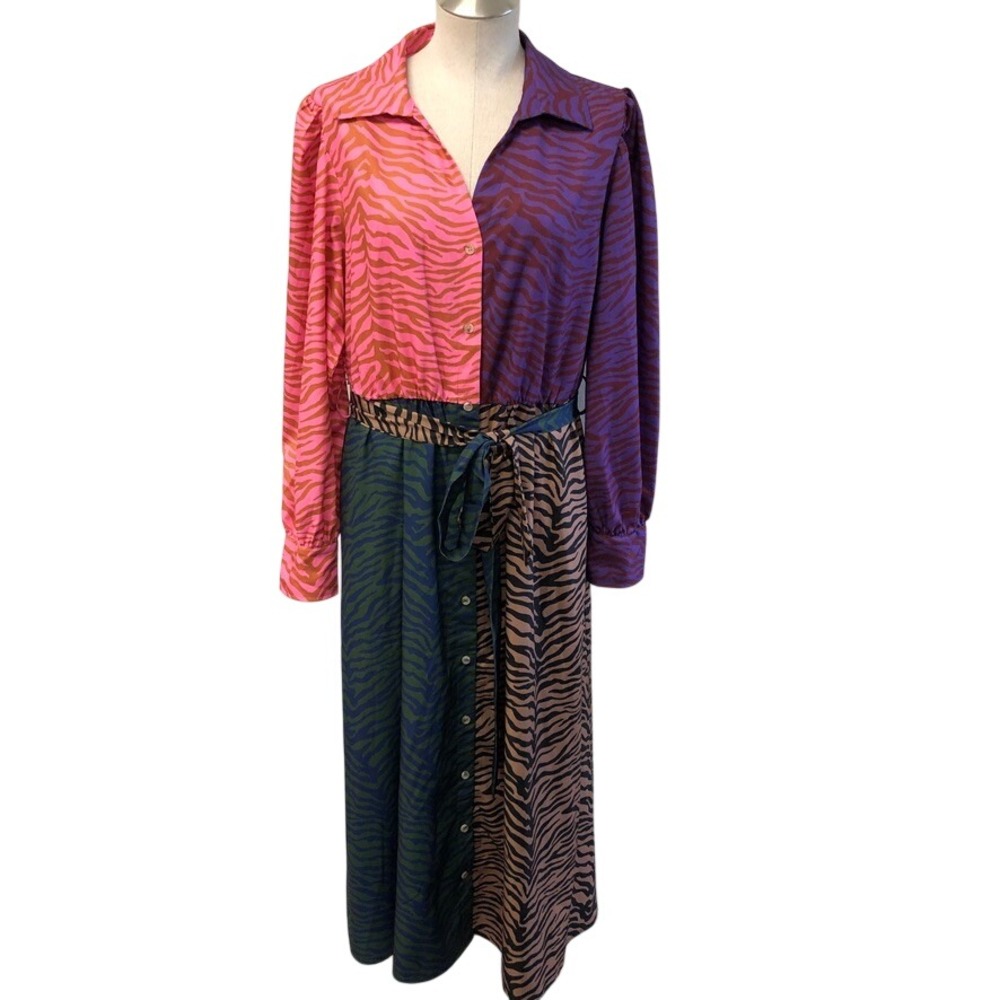 SSYS The Label Maxi Dress Womens Large Multicolor Zebra Colorblock Belted Button